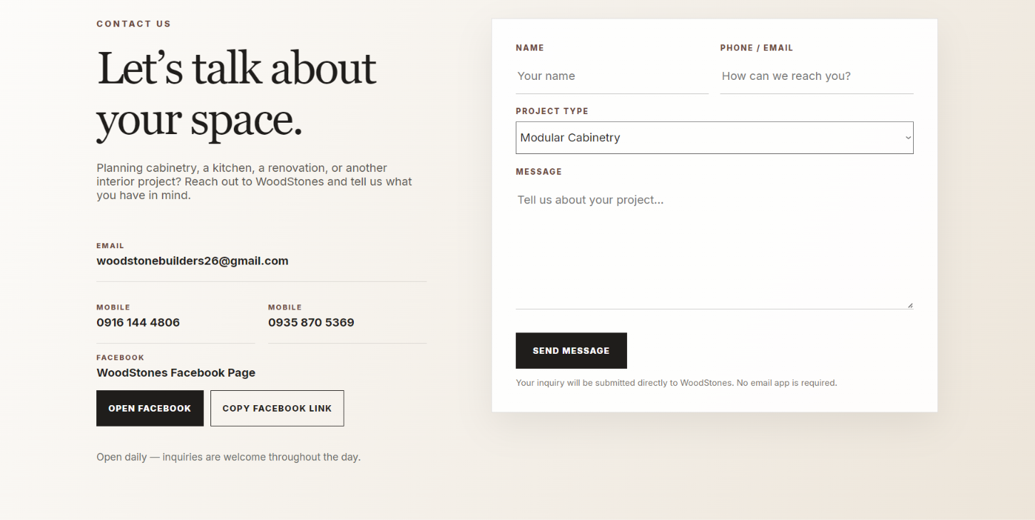 WoodStones inquiry form and contact details