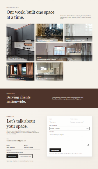 Full WoodStones homepage and inquiry experience