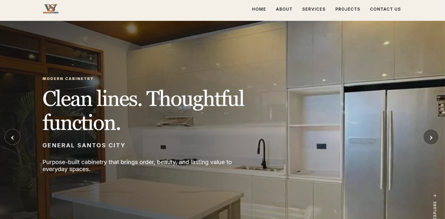 WoodStones homepage: clean lines, thoughtful function.