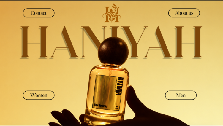 HANIYAH perfume catalog landing page with warm gold product imagery